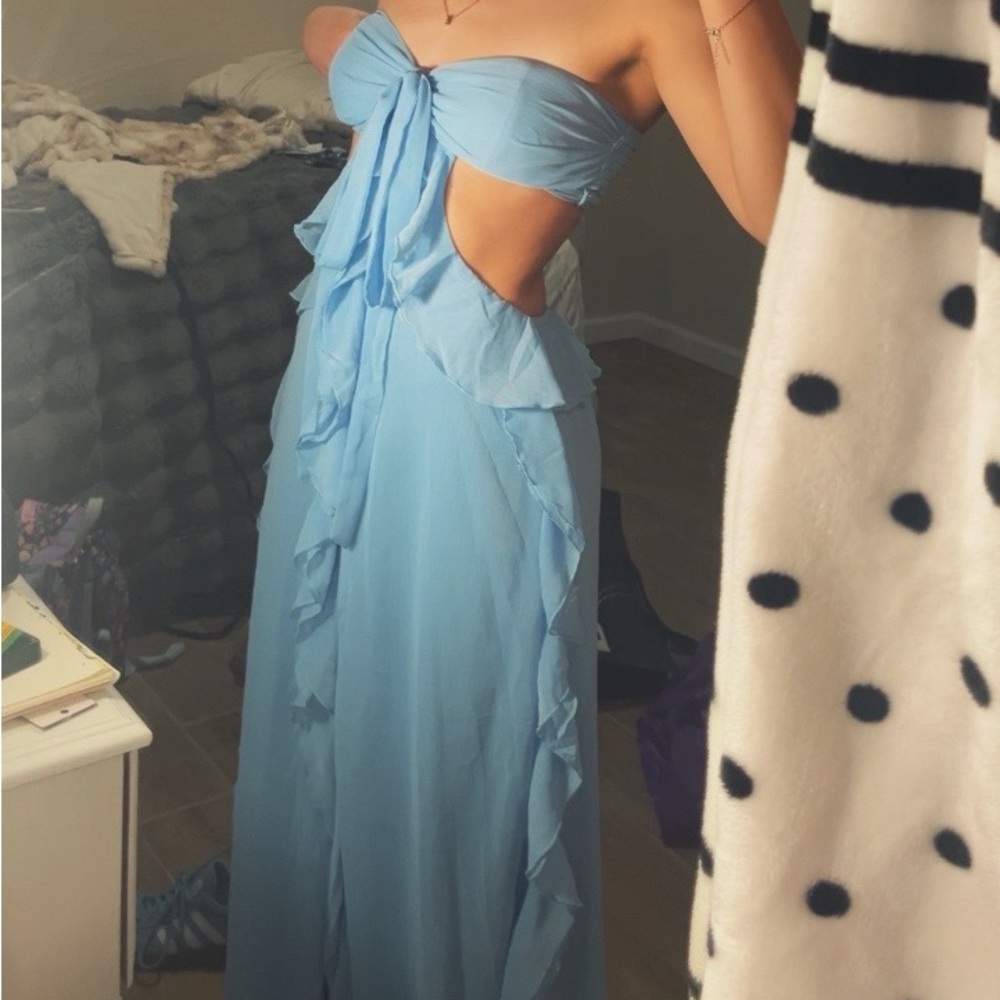 Windsor Sky Blue Strapless Ruffle Cutout Maxi Dress